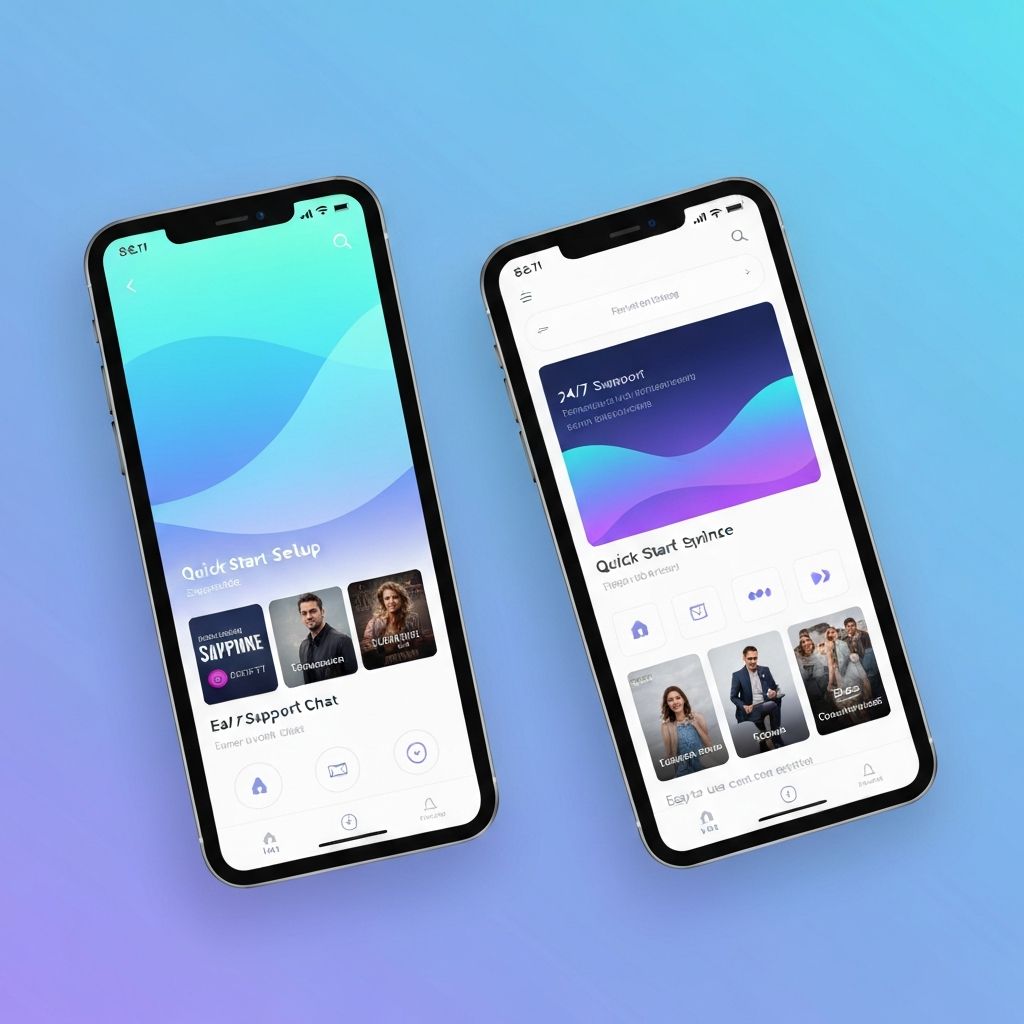 IPTV app interface showing quick start, 24/7 support, and easy to use features